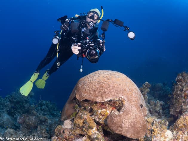 Diver posing with brain coral