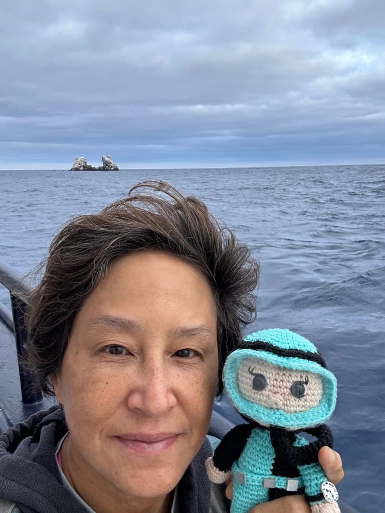 girl with scuba doll with island in the background